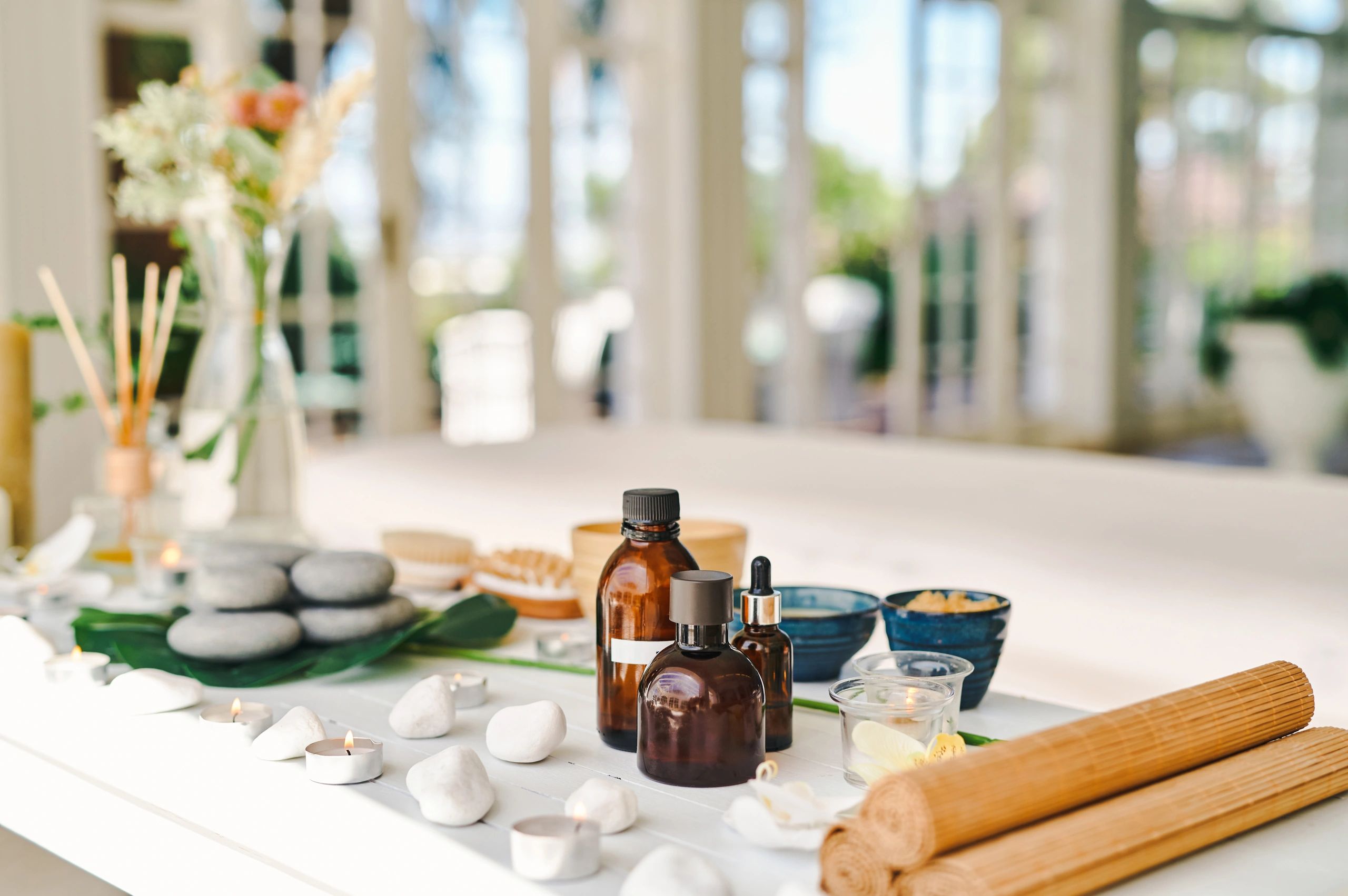 Spa essentials arranged for a relaxing wellness ritual